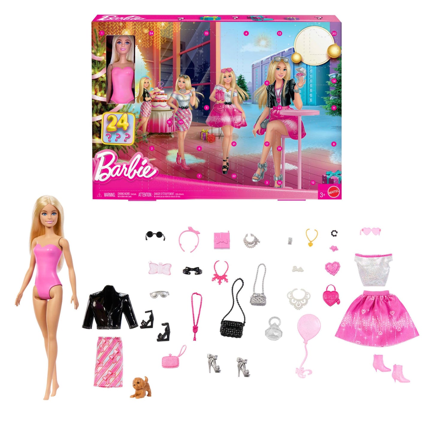 Barbie holiday advent calendar featuring a blonde doll, 24 clothing and accessory surprises, and a cute pet puppy.