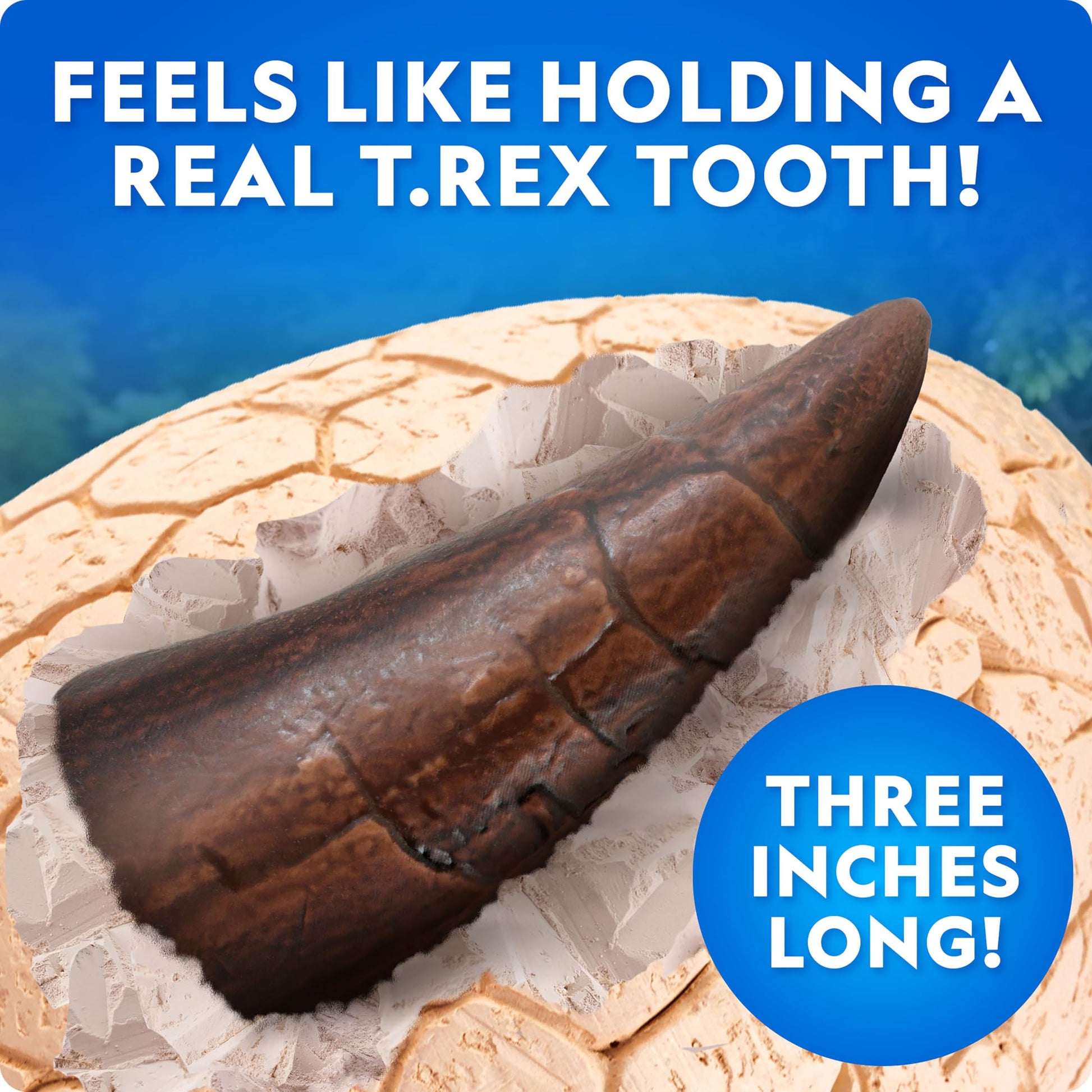 Blue Marble National Geographic Jumbo Dinosaur Egg Dig Kit with excavated T. Rex tooth and 12 dinosaur figures inside a giant 15 cm brick.