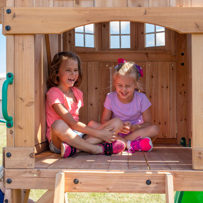 Backyard Discovery Montpelier 100% Cedar Wood Swing Set | Outdoor Playground for Kids | Garden Climbing Frame for Children | 1 Trapeze and 2 Belt Swings | 2.4m Wave Slide | Moneky Bars