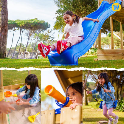 WICKEY Wooden climbing frame Smart Queen with swing set, green-yellow tarp & green slide, Outdoor kids playhouse with sandpit, climbing ladder & play-accessories for the garden
