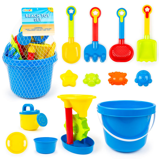 Abeec Beach Bucket Set - 13pc Sand & Water Play Bundle with Shovels, Molds, Bowl, Wheel, Can for Kids' Outdoor Activities