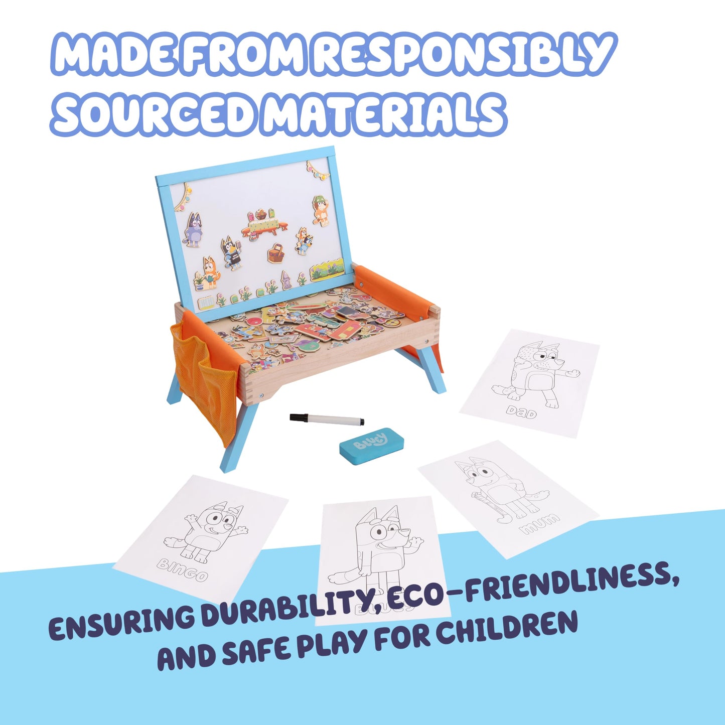 Bluey 102D Creation Station for kids, a portable magnetic whiteboard and lap tray with colorful writing surface and sturdy design.
