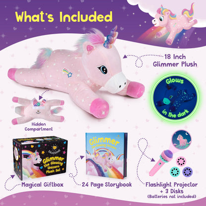 SNUGSHINE Glow in The Dark Unicorn Plush Set with Unicorn Book & Torch Projector starring Glimmer the Glowing Unicorn