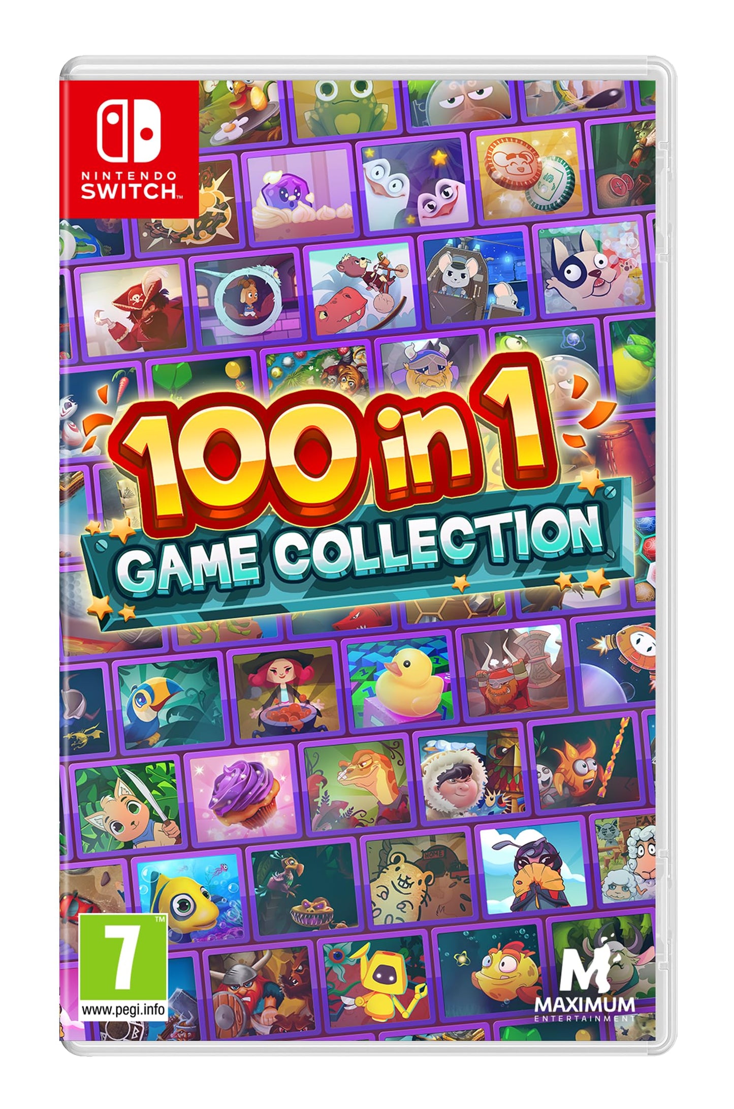 Nintendo Switch 100 in 1 Game Collection by Maximum Entertainment, showing a variety of colorful game covers on the screen.