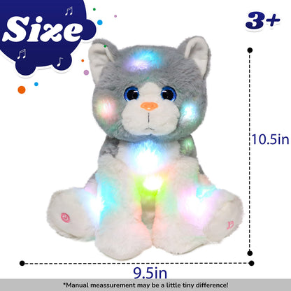 Cuteoy Light-up Singing Plush Cat LED Musical Kitty Stuffed Animal Adjustable Volume Lullaby Plushies Birthday Christmas Toy Gifts for Kids Toddler Girls, 10.5"