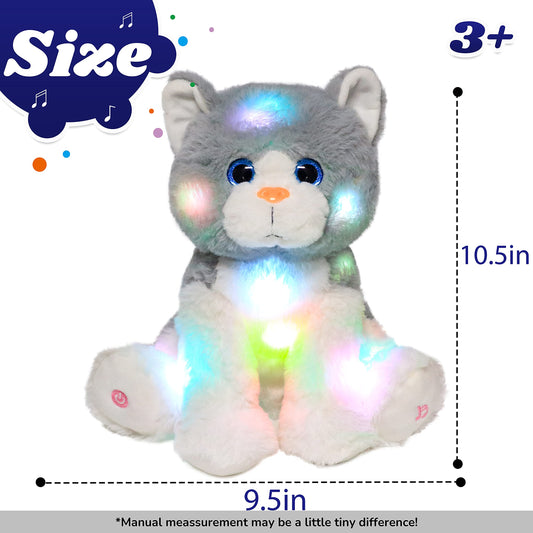 Cuteoy Light-up Singing Plush Cat LED Musical Kitty Stuffed Animal Adjustable Volume Lullaby Plushies Birthday Christmas Toy Gifts for Kids Toddler Girls, 10.5"