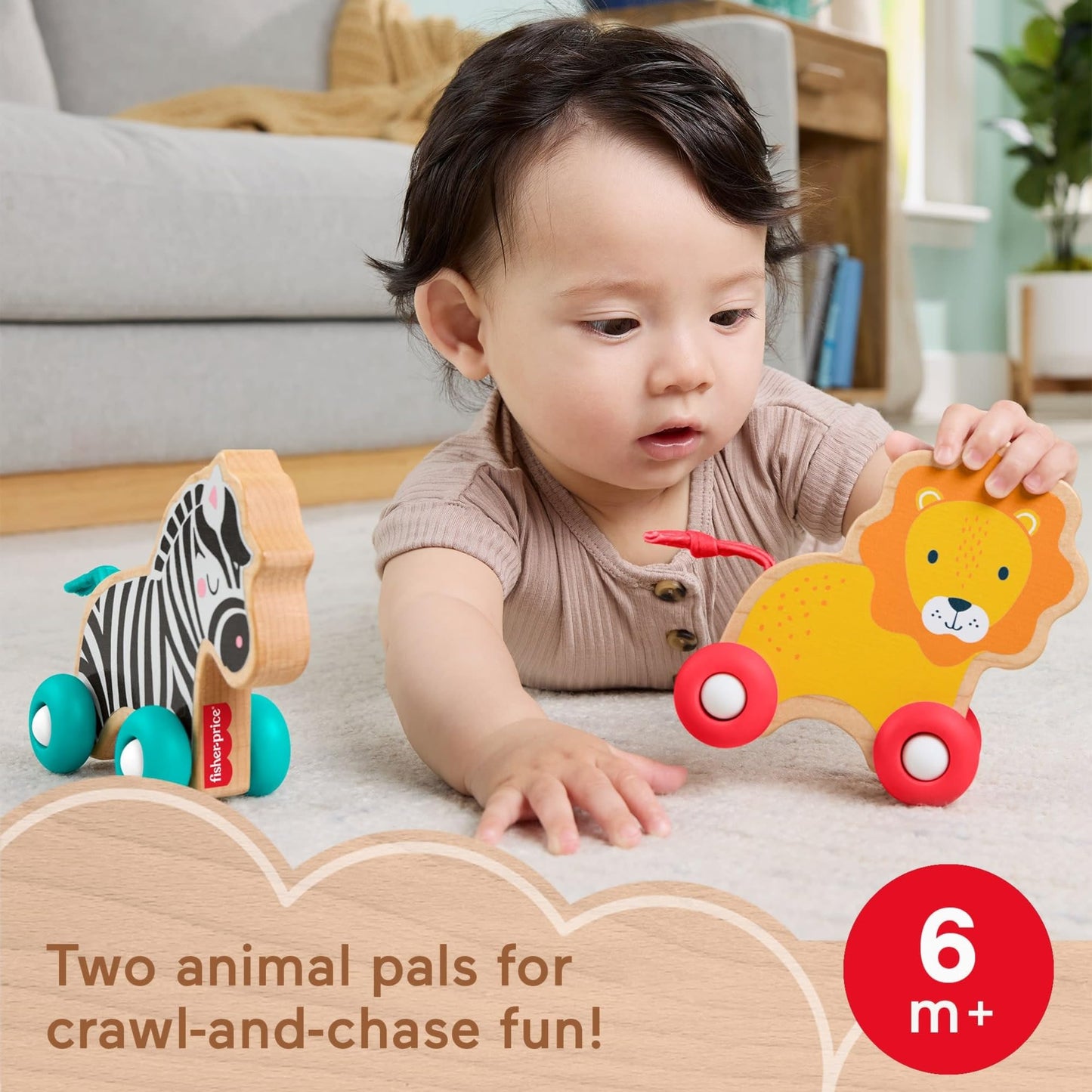 Fisher-Price Wood Baby Toys Push-Along Animals, Set of 2 Wooden Vehicles with Silicone Wheels for Crawling Play Infants Ages 6+ Months, JFN19