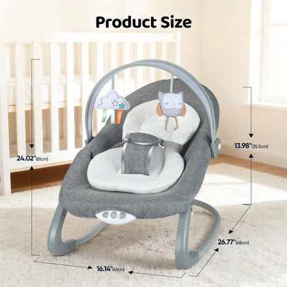 JoyCushy Baby Bouncer, Electric Baby Rocker from Birth Adjustable with Music and Vibration, Suitable for Newborns 0-6 Months Baby Bouncer with 3-Point Harness, Removable Toy Bar with 2 Toys