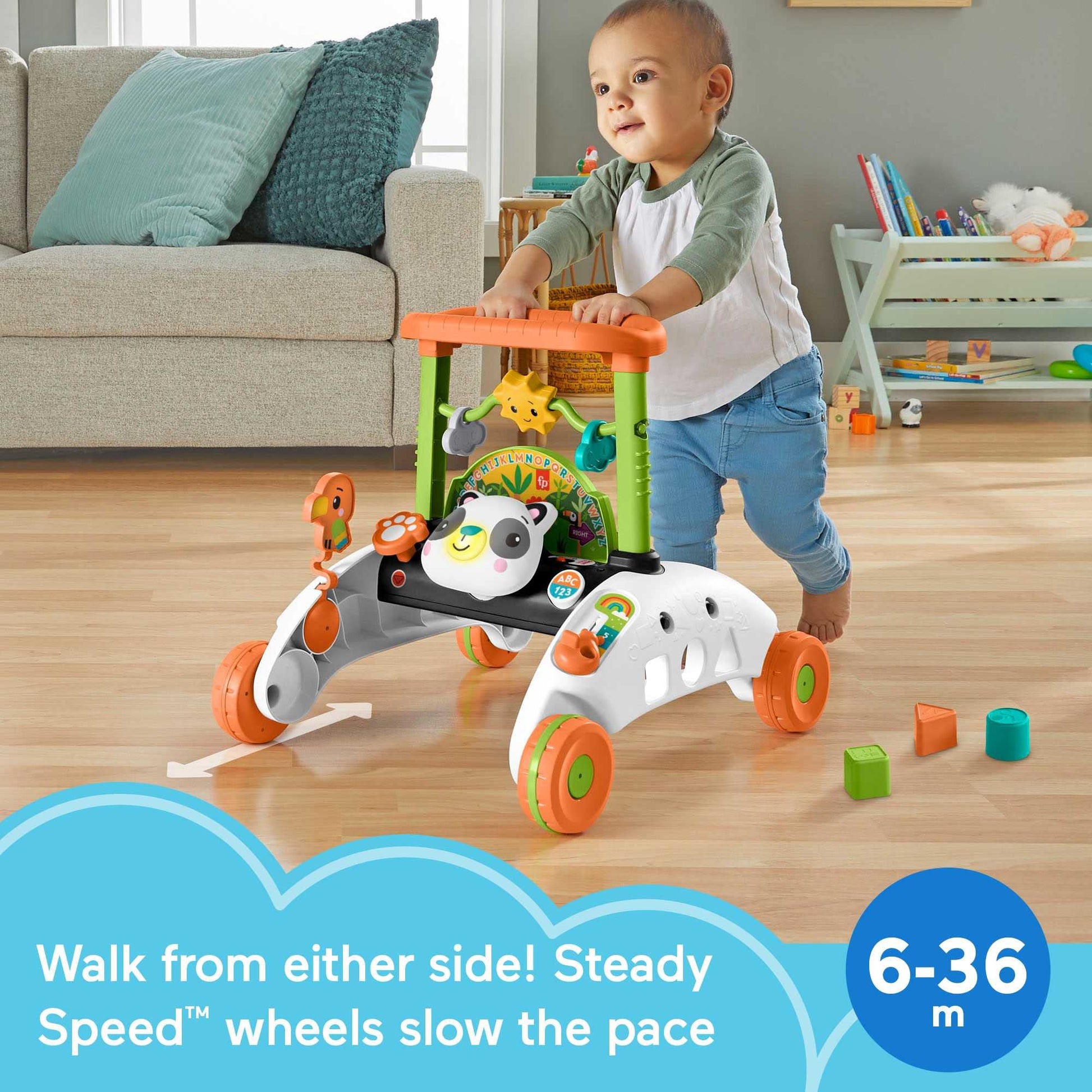Fisher-Price 2 Sided Steady Panda Walker with colorful handles and panda design for toddlers learning to walk, in multiple languages.