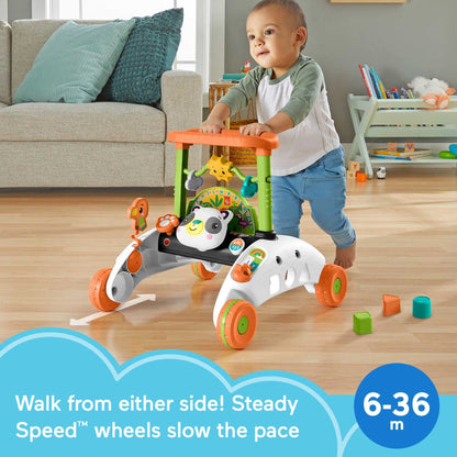 Fisher-Price 2 Sided Steady Panda Walker with colorful handles and panda design for toddlers learning to walk, in multiple languages.