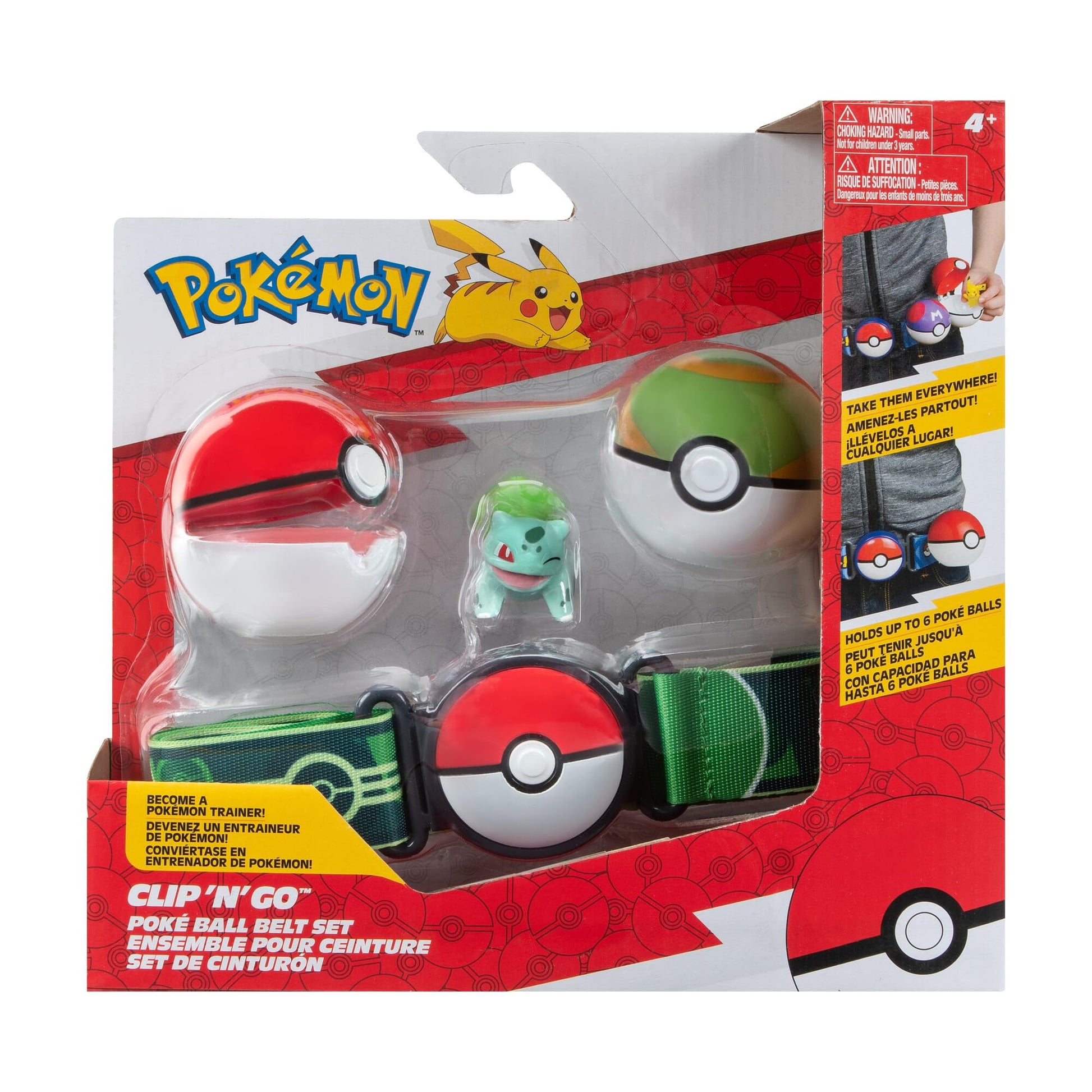 Pokémon 2-inch Bulbasaur battle figure with Clip ‘N’ Go, nest ball, and Pokéball accessories on a white background.