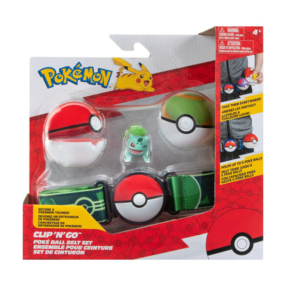Pokémon 2-inch Bulbasaur battle figure with Clip ‘N’ Go, nest ball, and Pokéball accessories on a white background.