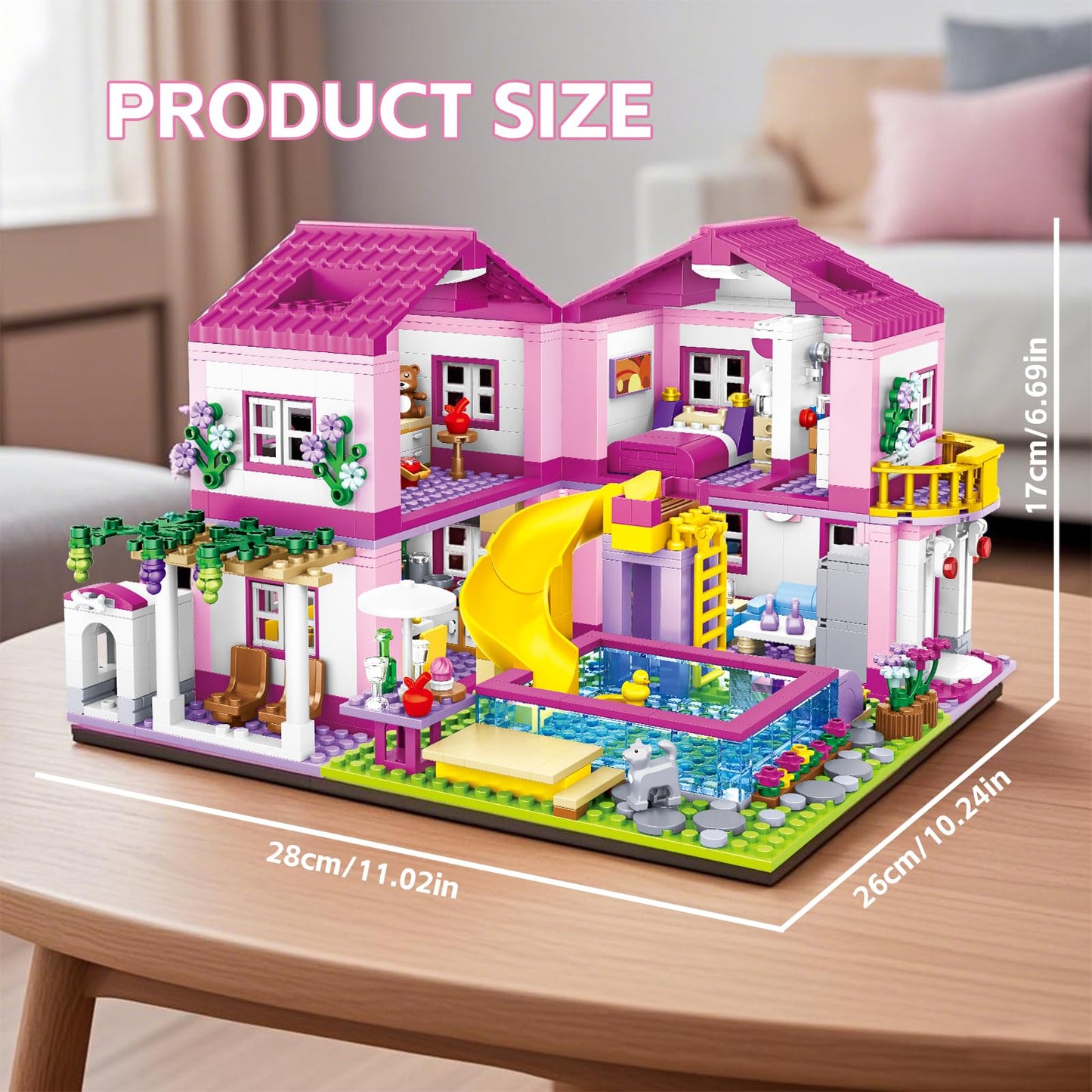 CSNRHG Pink Summer Pool Villa Building Block Set Friends Construction Educational Toy 1018 Pieces Gifts for Girls Teens Kids Adults Ages 6+