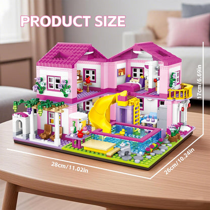 CSNRHG Pink Summer Pool Villa Building Block Set Friends Construction Educational Toy 1018 Pieces Gifts for Girls Teens Kids Adults Ages 6+
