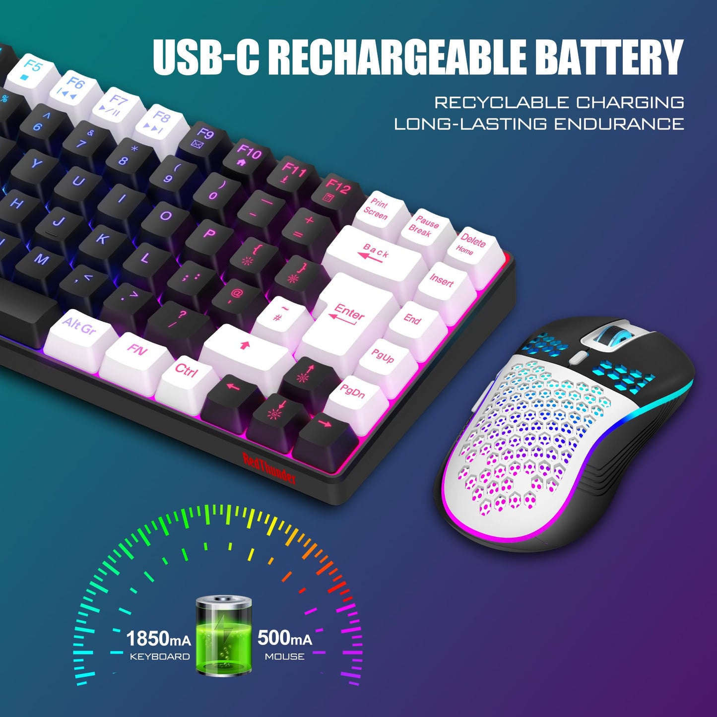 RedThunder K84 wireless gaming keyboard and honeycomb mouse with rainbow backlight, UK layout, compact design, black and white color.