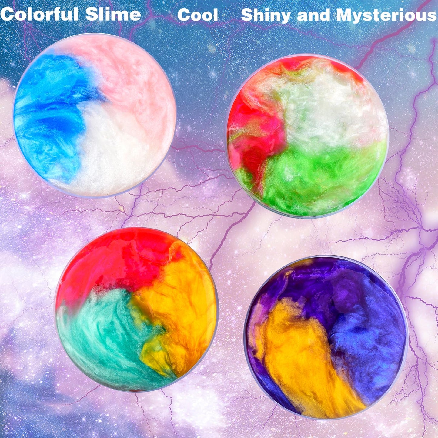 Four colorful galaxy slime samples from Petyuioyu's slime kit, soft, wet, non-sticky slime for stress relief and sensory play for kids.