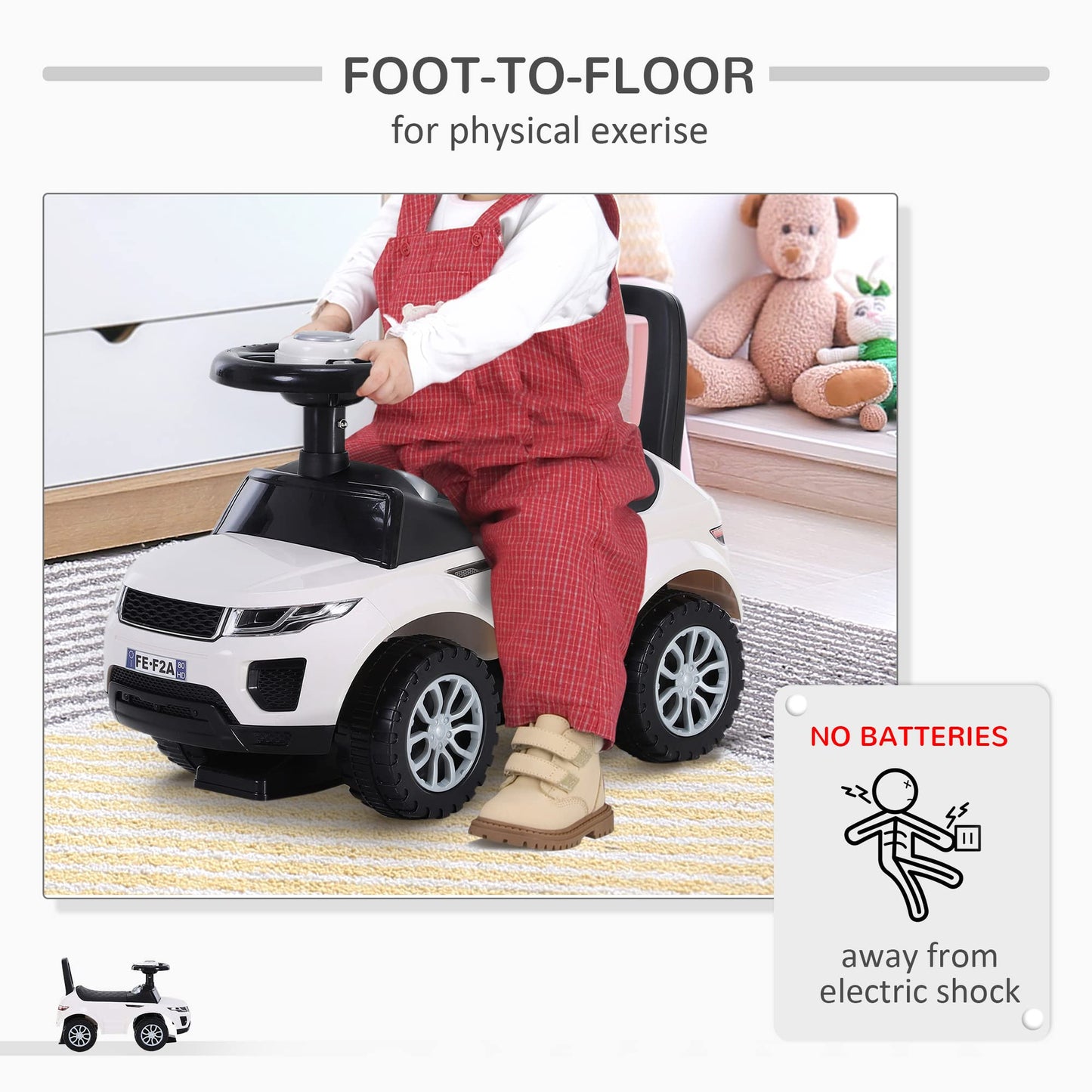 HOMCOM 3-in-1 Ride On Car Foot To Floor Slider Toddler w/Horn Steering Wheel NO POWER Manual Under Seat Storage Safe Design for 1-3 Year Old White