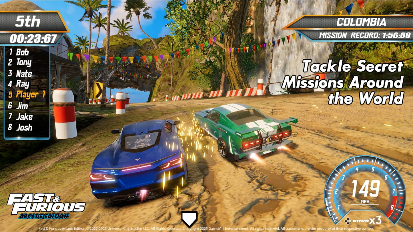 Nintendo Switch game cartridge for Fast & Furious Arcade Edition by Game Mill, featuring colorful racing action artwork.