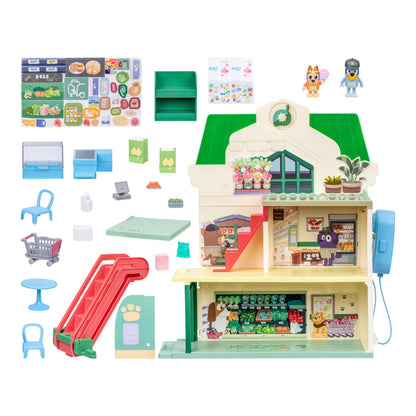 Bluey Supermarket Playset, 3 Different Levels With Exclusive Bluey and Bingo Figures. Includes Working Escalator, 24 Sounds and 15+ Play Pieces Plus Fun Intercom, Over 40cm (15") Tall.