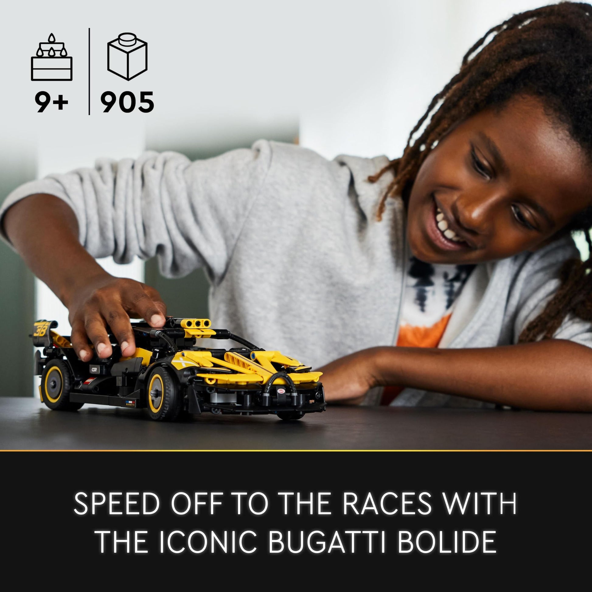LEGO Technic Bugatti Bolide model building set showing detailed sports car design and engineering elements for kids.