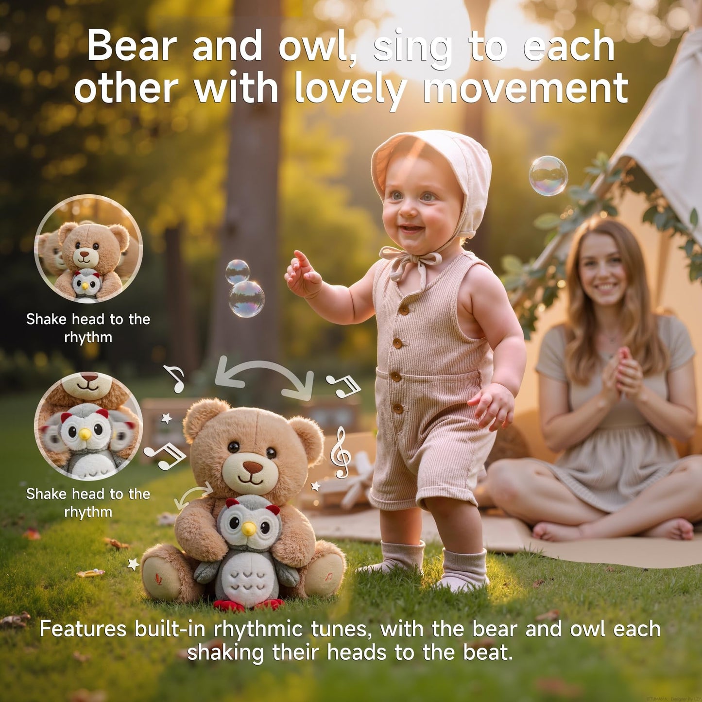 eJog Pup musical bear plush toy with owl, soft interactive talking stuffed animal for kids and toddlers, record repeat plushie gift