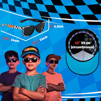 Hot Wheels Baseball Cap Sunglasses Set Boys Breathable Adjustable Summer Sun Hat UV Protection Holiday Travel Essentials Black