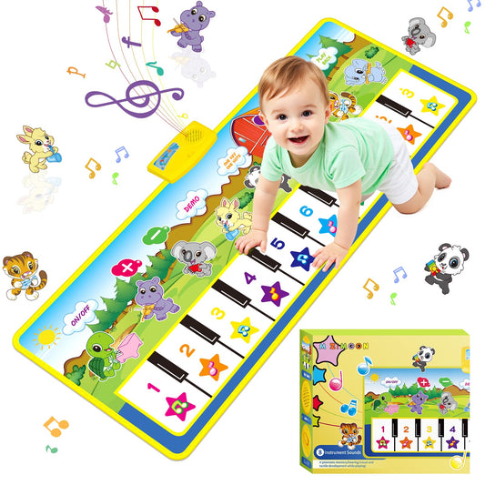 Foldable musical piano mat toy by m zimoon with 10-key keyboard for toddlers, featuring volume control and record playback.