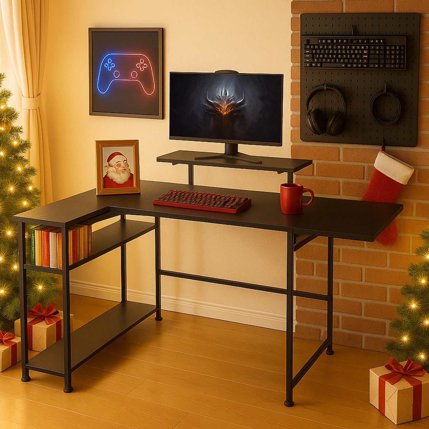LEVSON L-Shaped Gaming Desk 150×80 cm, Carbon Fibre Computer Table with LED Lights, Power Outlets & USB Ports, Foldable & Extendable Design from 120cm to 150cm, Black Corner Desk for Home Office