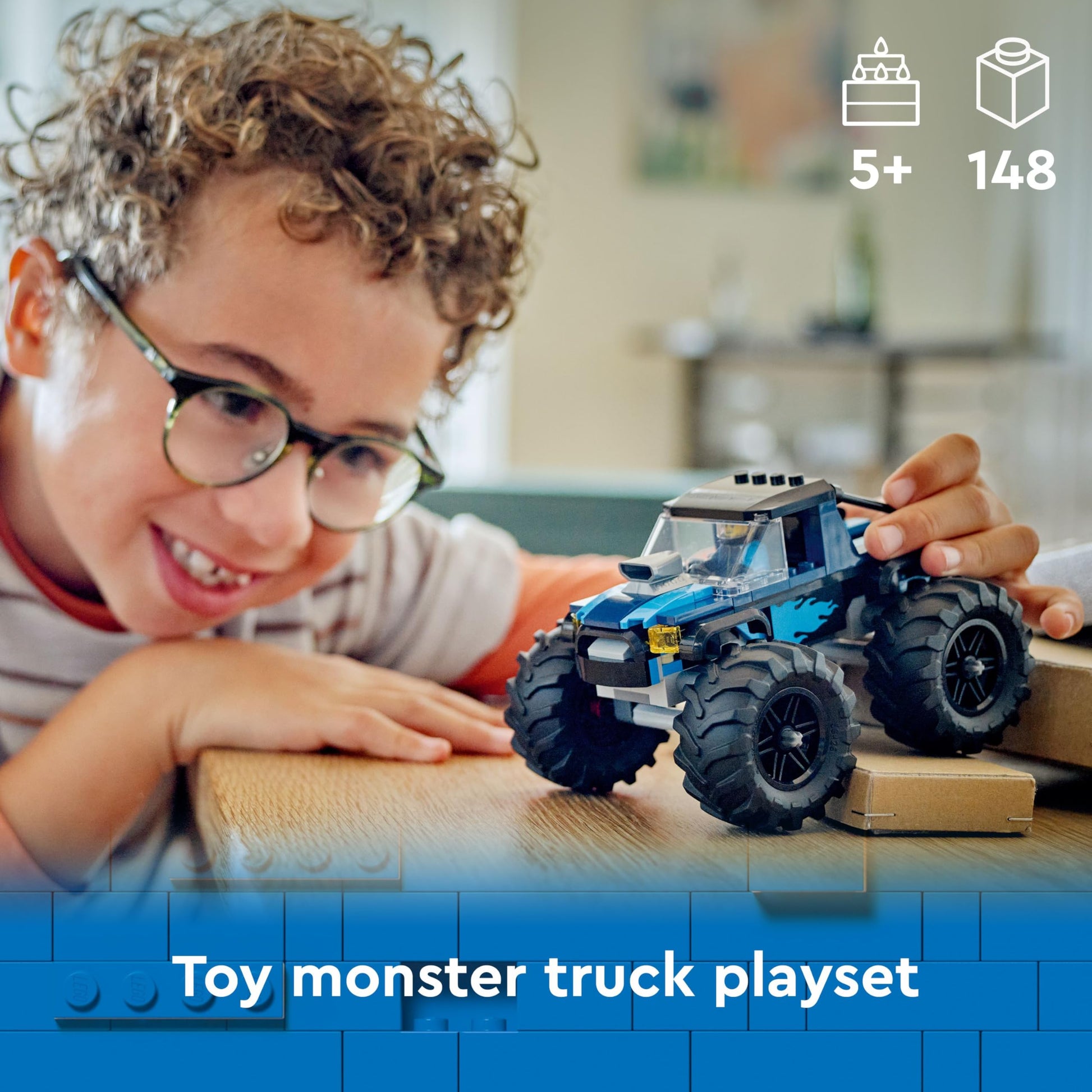 LEGO City blue monster truck toy with driver minifigure, designed for kids aged 5 and up, featuring creative details.