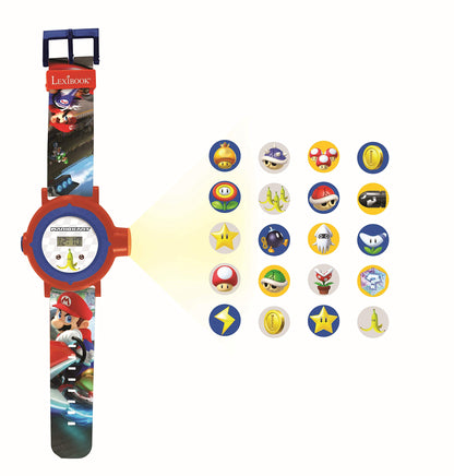 Lexibook Nintendo Mario Kart adjustable projection watch with digital screen, featuring images of Mario Kart, for children, red and blue design