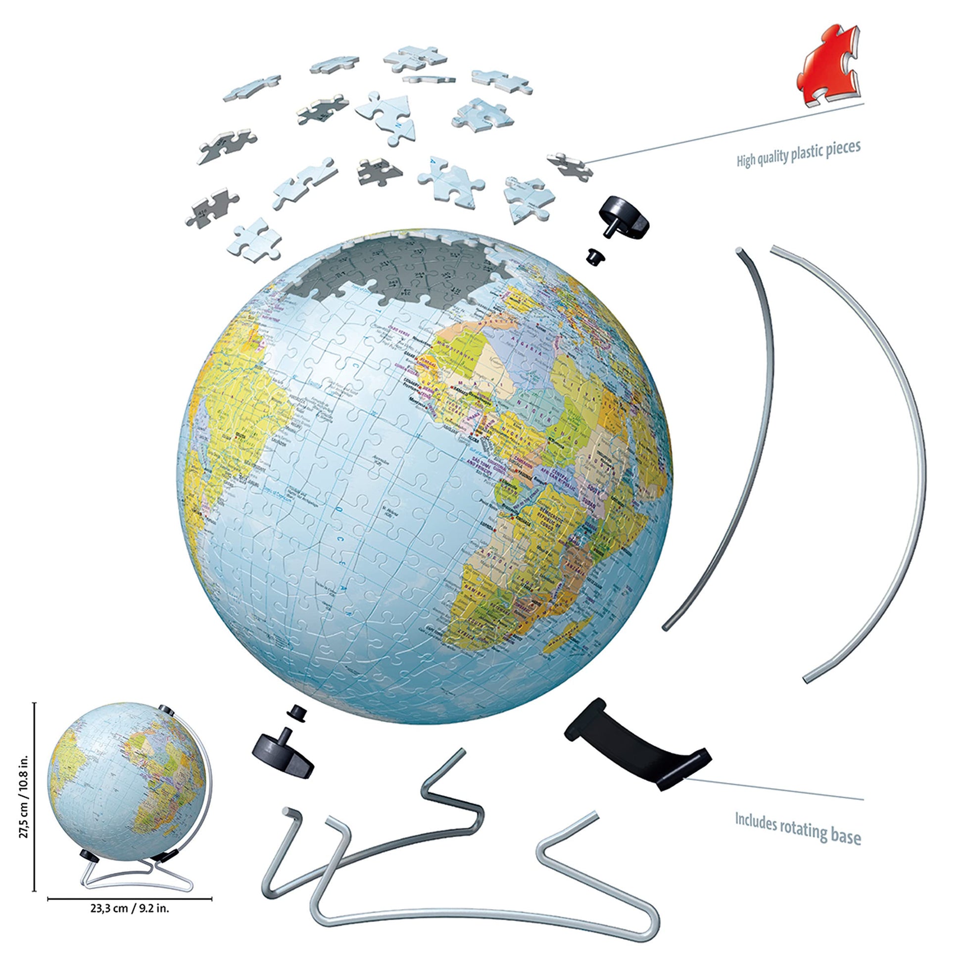 Ravensburger 3D world globe puzzle on V-stand, 540 plastic pieces, suitable for ages 10 and up, no glue needed.