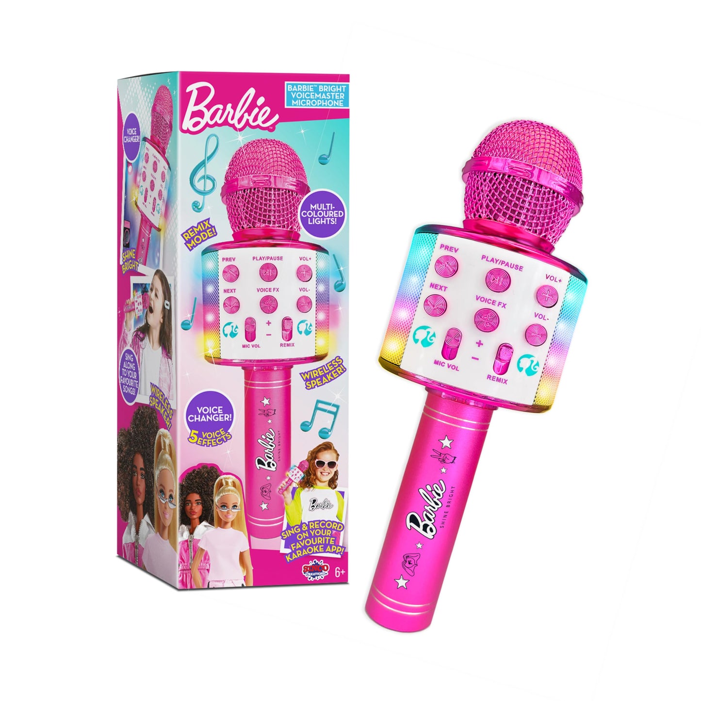 Barbie Bright Voicemaster wireless karaoke microphone with multi-colored lights, voice effects, and recording features by Sinco Creations