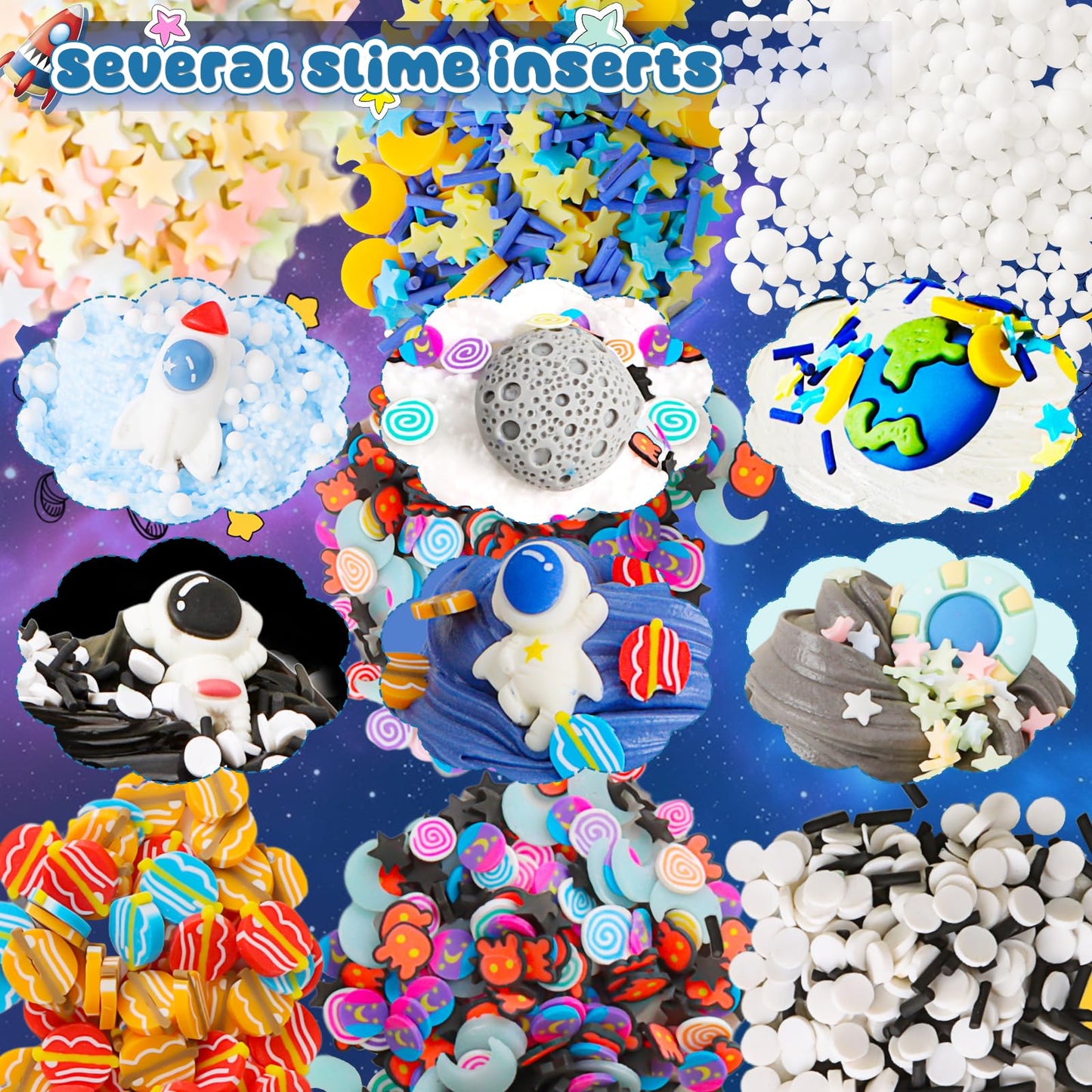 Hirsrian 6-pack starry sky slime making kit with fluffy, clear, and crunchy slime, fun accessories for kids and stress relief.