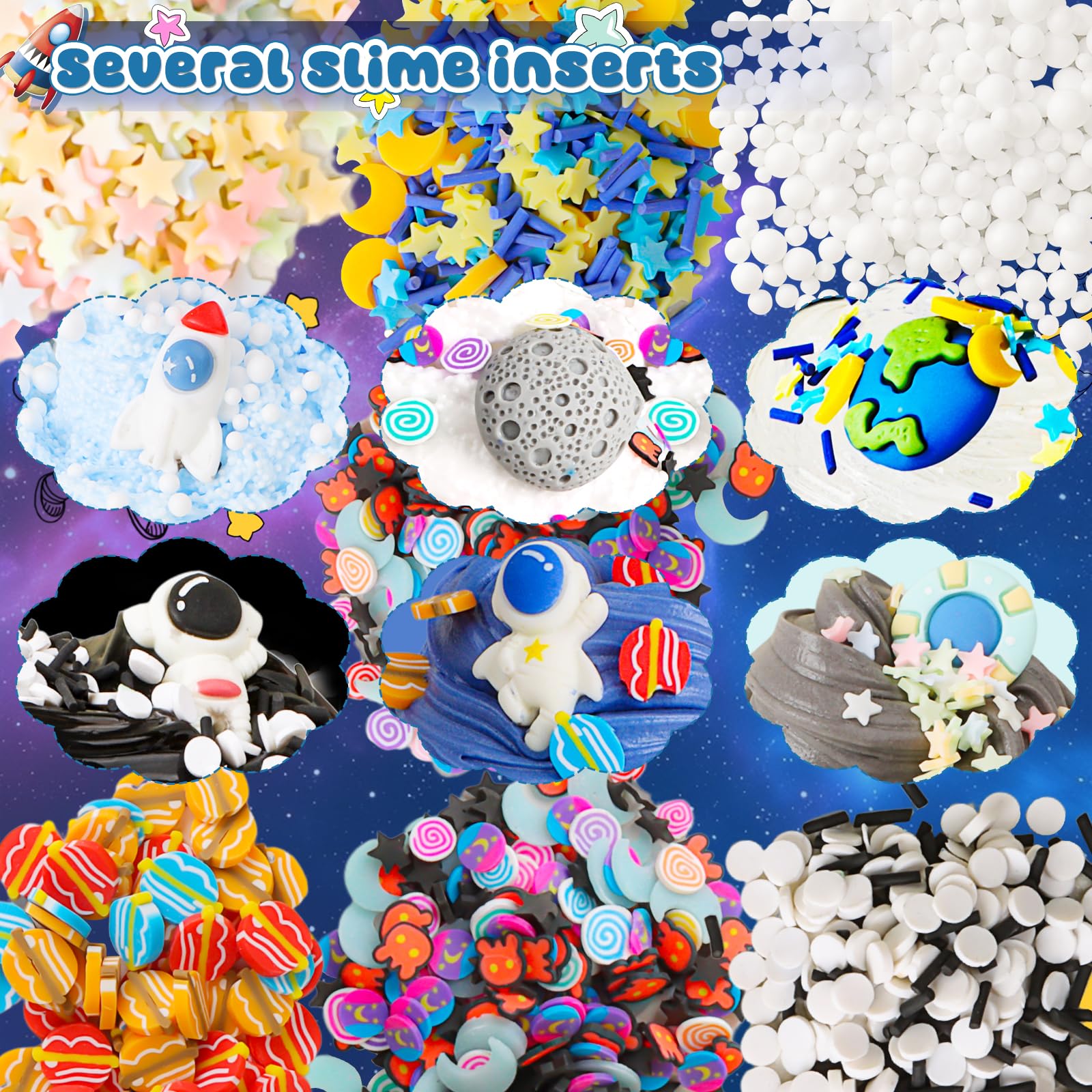 Hirsrian 6-pack starry sky slime making kit with fluffy, clear, and crunchy slime, fun accessories for kids and stress relief.