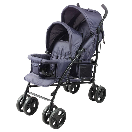 Bambisol - Double Pushchair - Folding, Compact - Rain Cover Included - Navy Blue