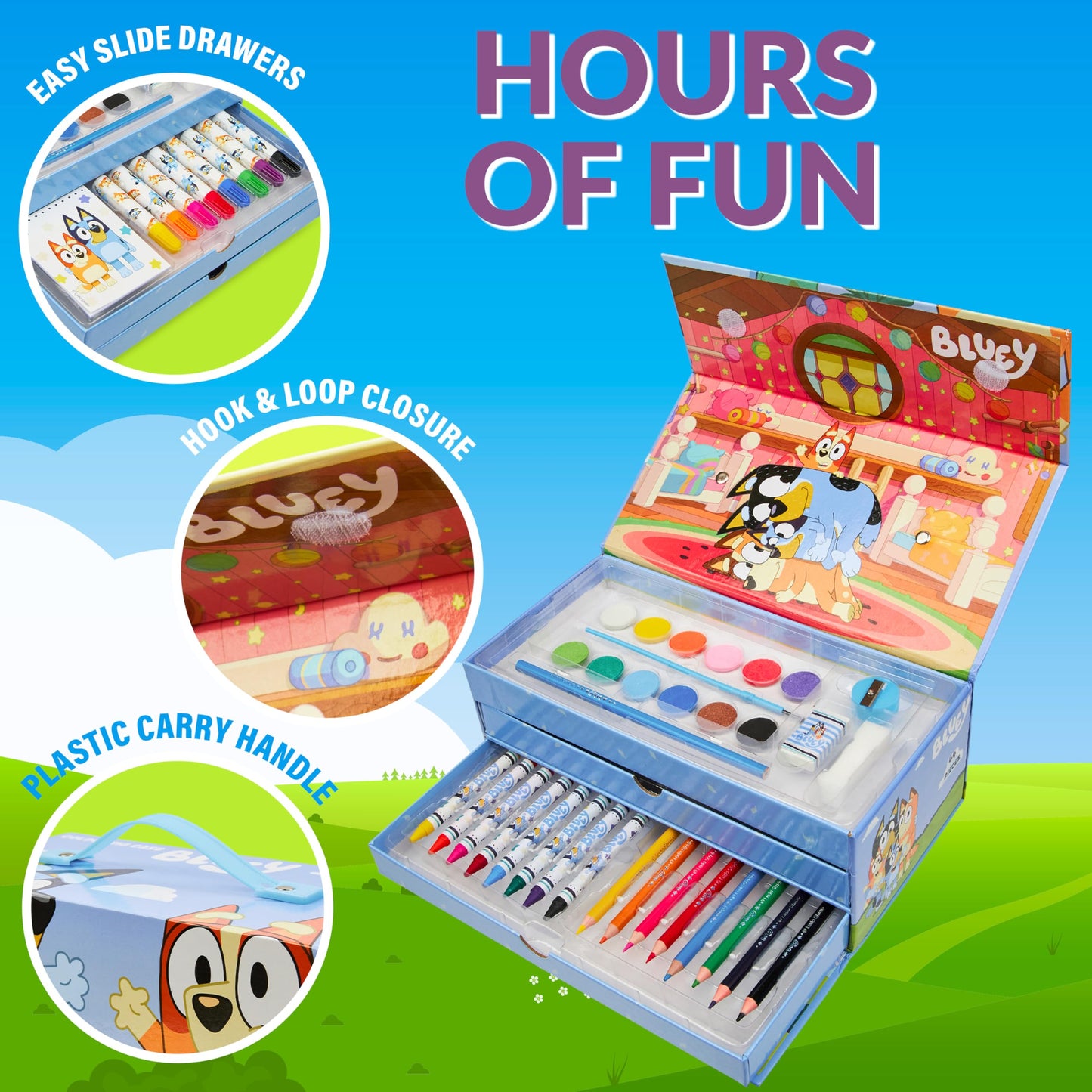 Bluey Art Set for Kids Colouring Pencils Paints Felt Tip Pens Crayons Stationery Crafts Girls Boys Art Supplies Preschool Travel 40 Plus Pcs Gift Set (Blue 3 Tier)