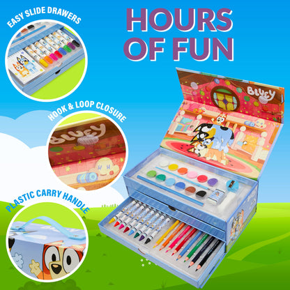 Bluey Art Set for Kids Colouring Pencils Paints Felt Tip Pens Crayons Stationery Crafts Girls Boys Art Supplies Preschool Travel 40 Plus Pcs Gift Set (Blue 3 Tier)