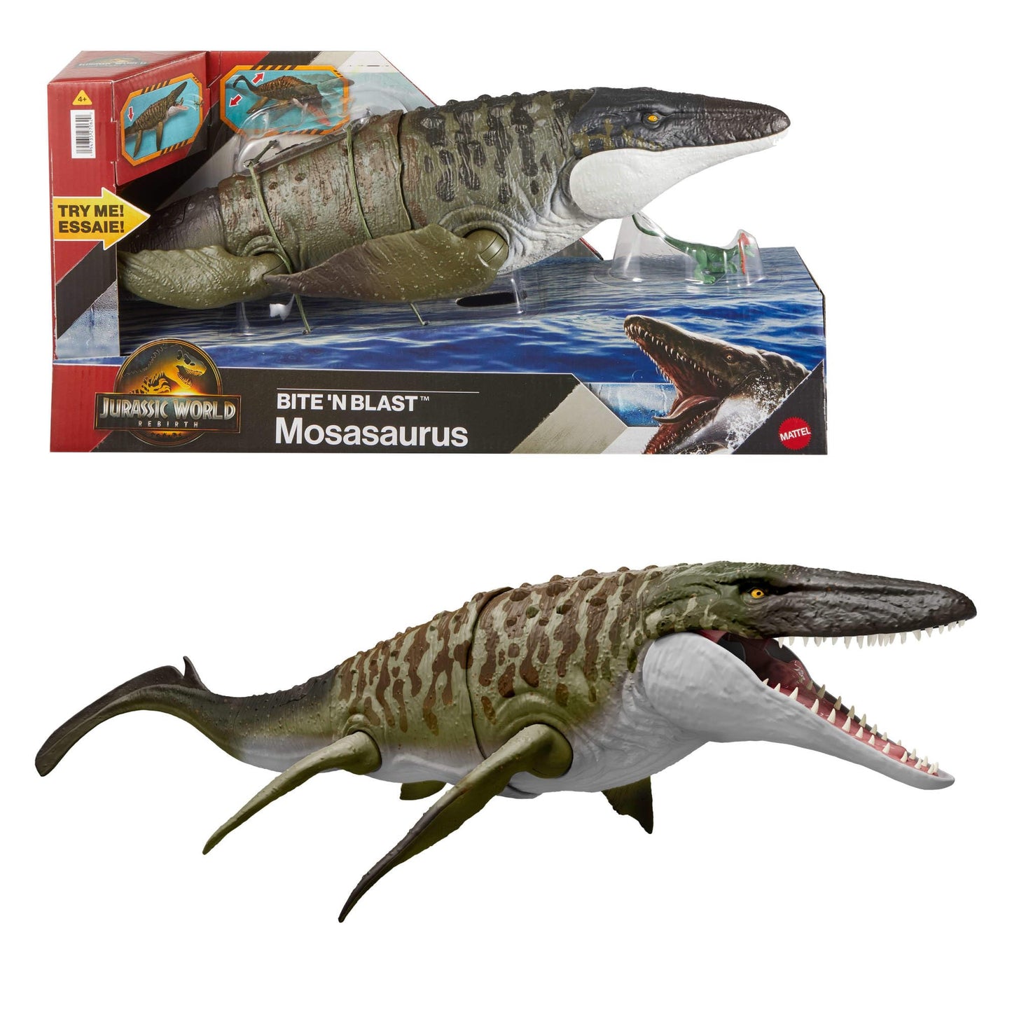 Mattel Jurassic World Rebirth Bite N Blast Mosasaurus Action Figure & Mini Dilophosaurus, Wide Jaw Dinosaur Toy, Movie-Accurate Posable, Digital Play, JJP80