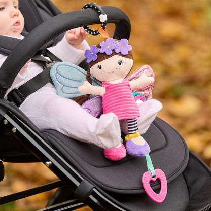 Colorful Nuby Things with Wings baby pram toy featuring a baby-safe mirror, teether, and universal clip for sensory play.