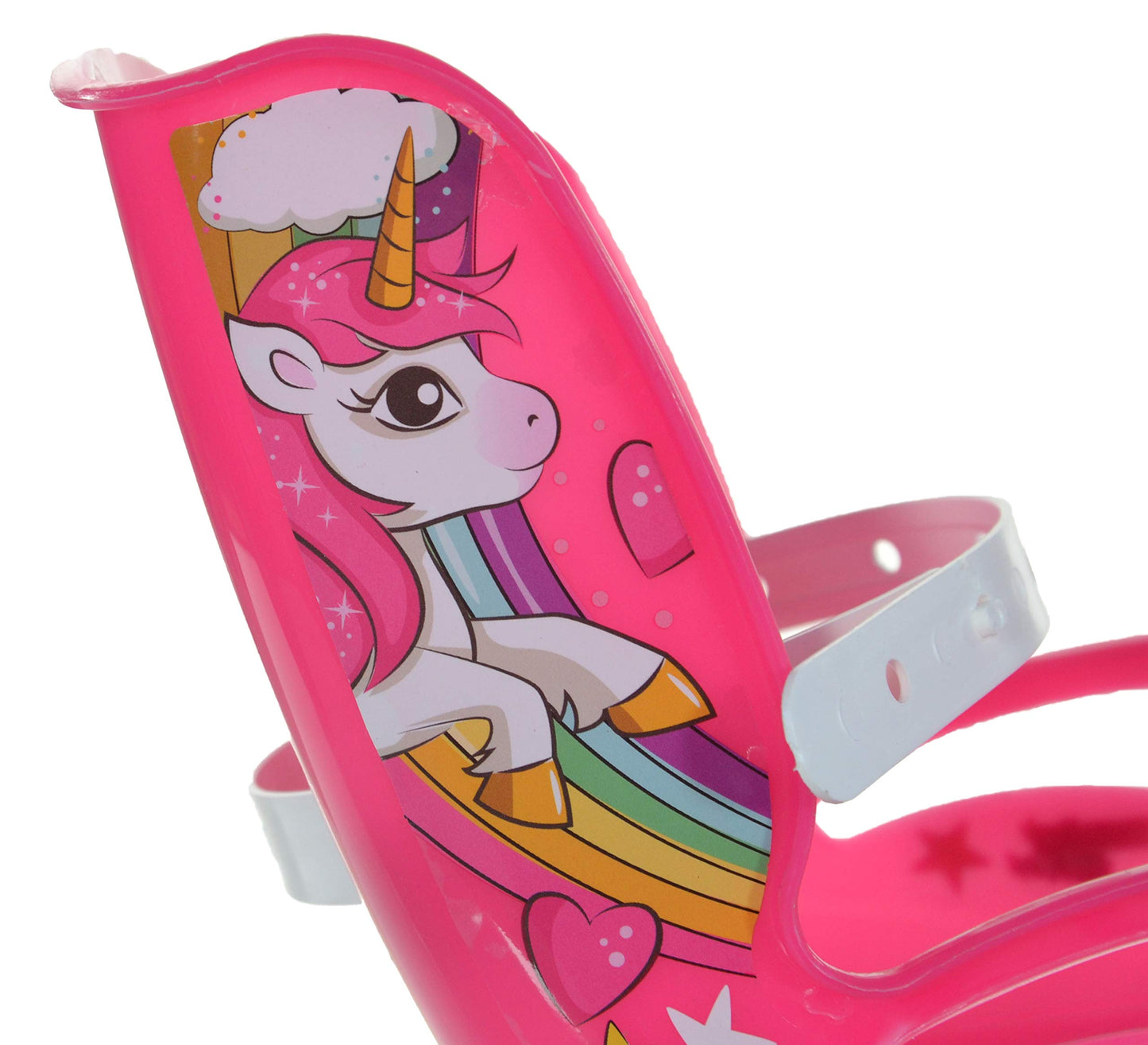 Dino Bikes 16-inch pink and white girls' unicorn kids bike with doll seat, basket, and stabilizers on a white background