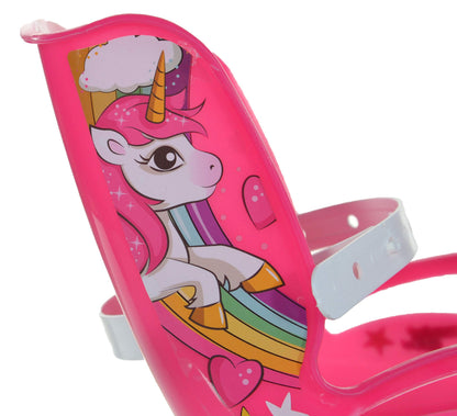 Dino Bikes 16-inch pink and white girls' unicorn kids bike with doll seat, basket, and stabilizers on a white background
