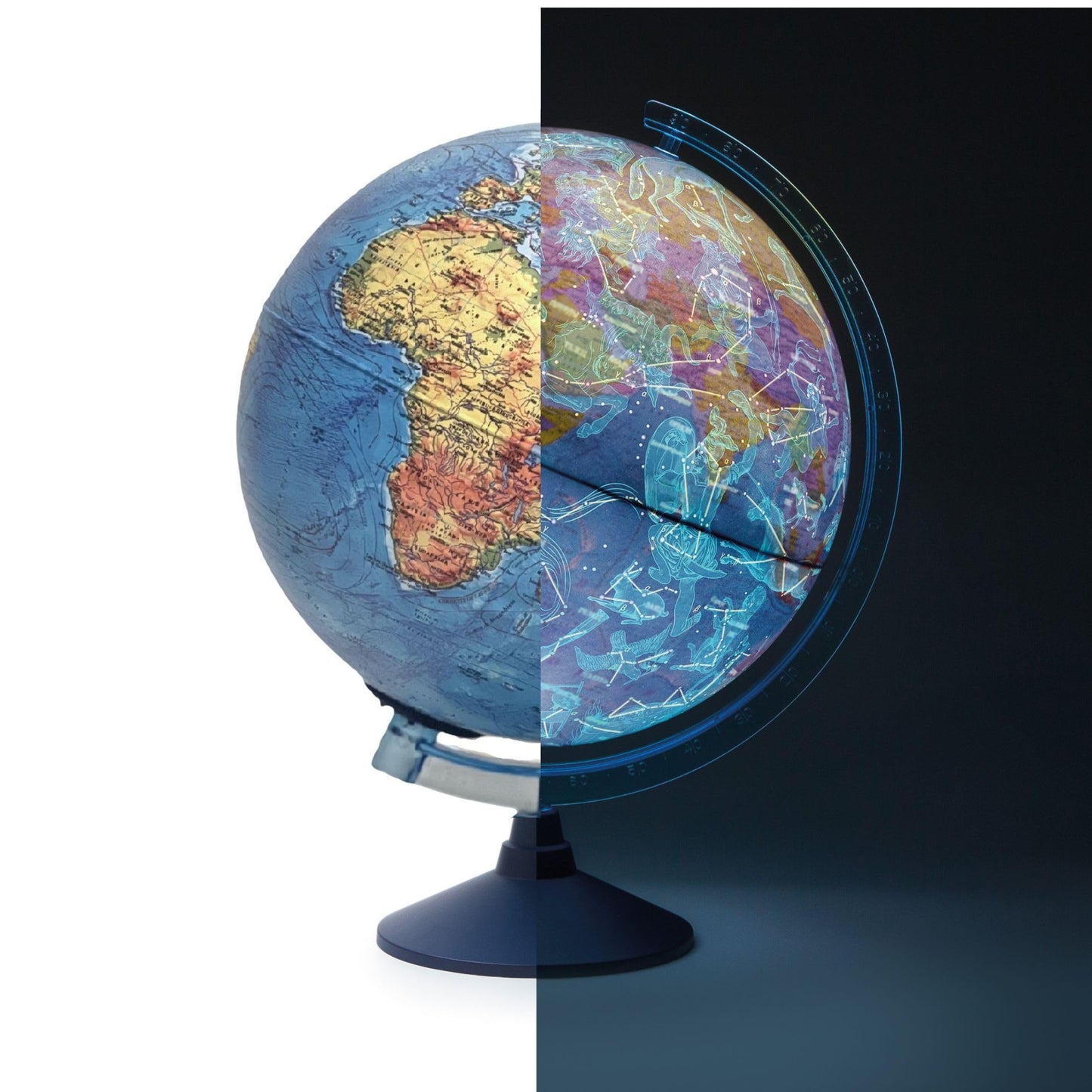 Exerz 21cm illuminated globe showing physical map with constellation stars and a rotating swivel base, lit up for daytime and night viewing.