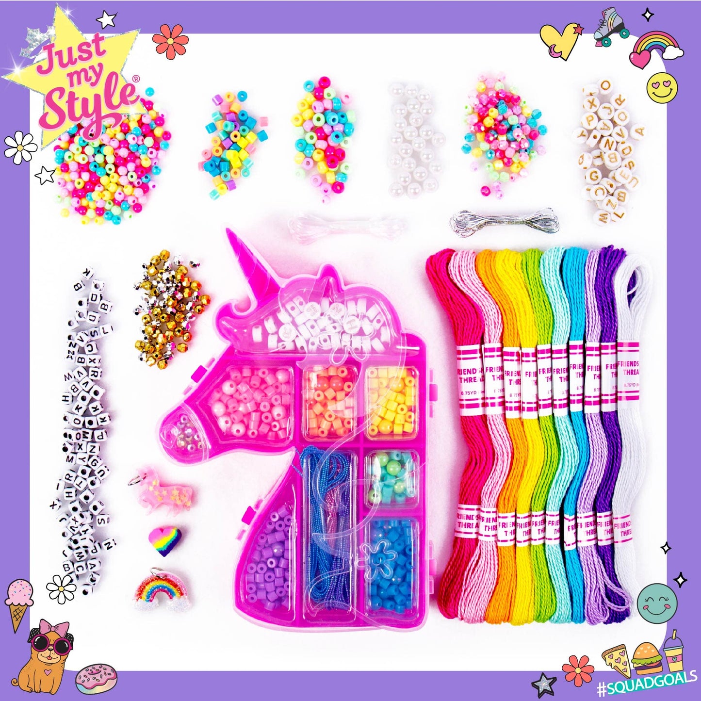 Just My Style Unicorn Friendship Bracelet by Horizon Group USA, DIY Over 20 Jewelry Pieces.Kit Includes 1300+ Beads,10 Skeins of Friendship Thread,Bracelet Charms,Unicorn Storage Case & More