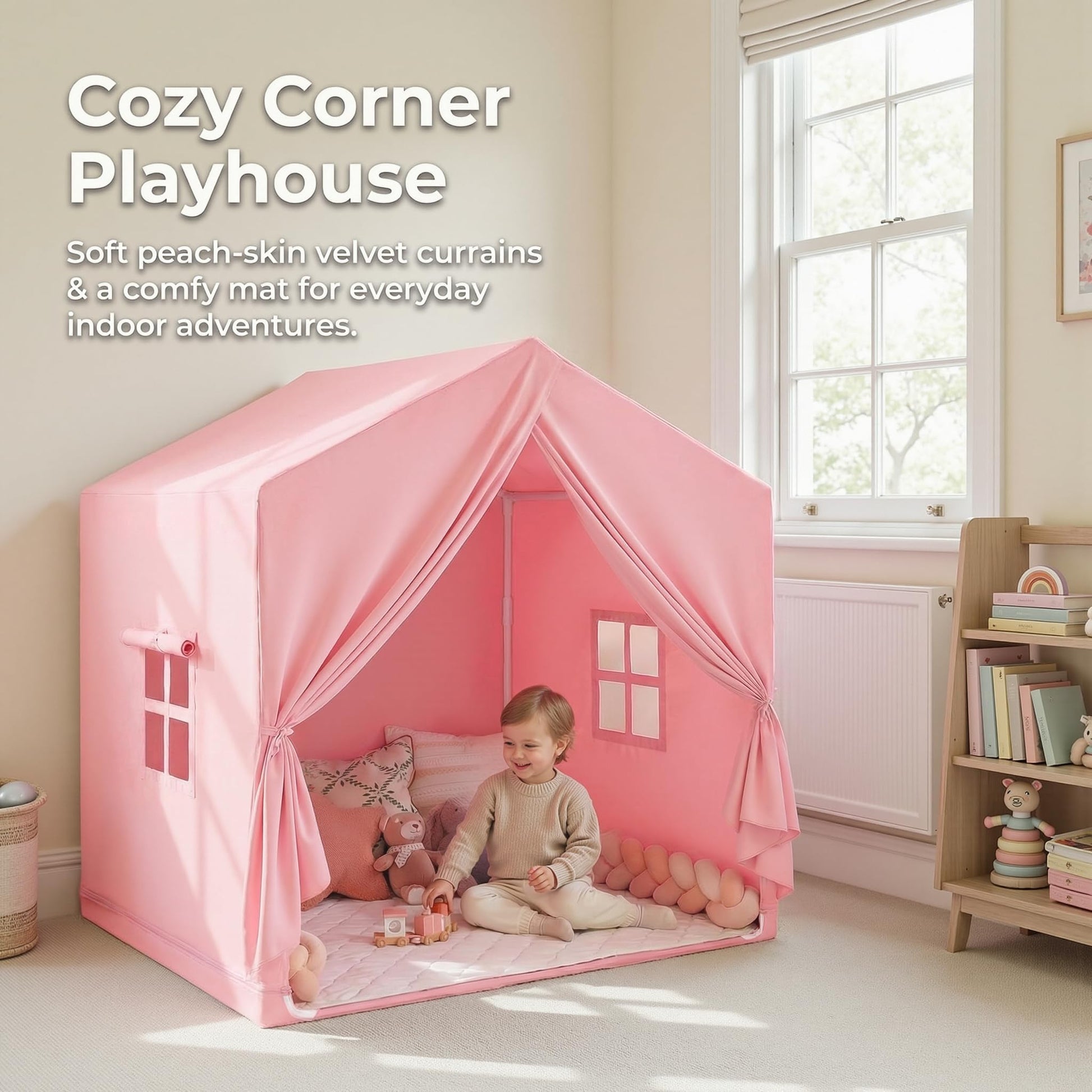 Pink Wilwolfer kids play tent with window, large indoor toddler play house for girls and boys, ideal for playrooms and outdoor fun
