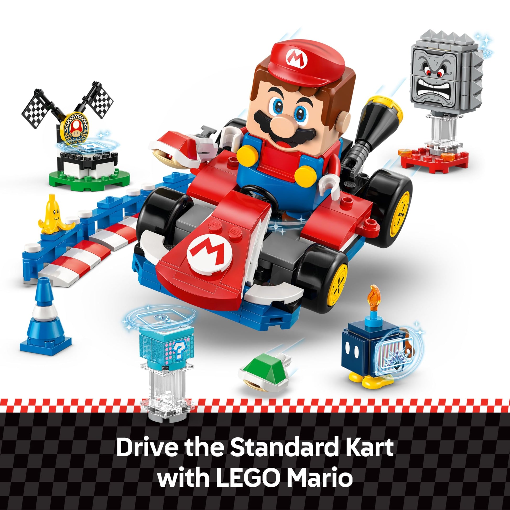 LEGO Mario Kart set with interactive Mario, standard kart, race course, figures, podium, and barriers for kids aged 7 and up.
