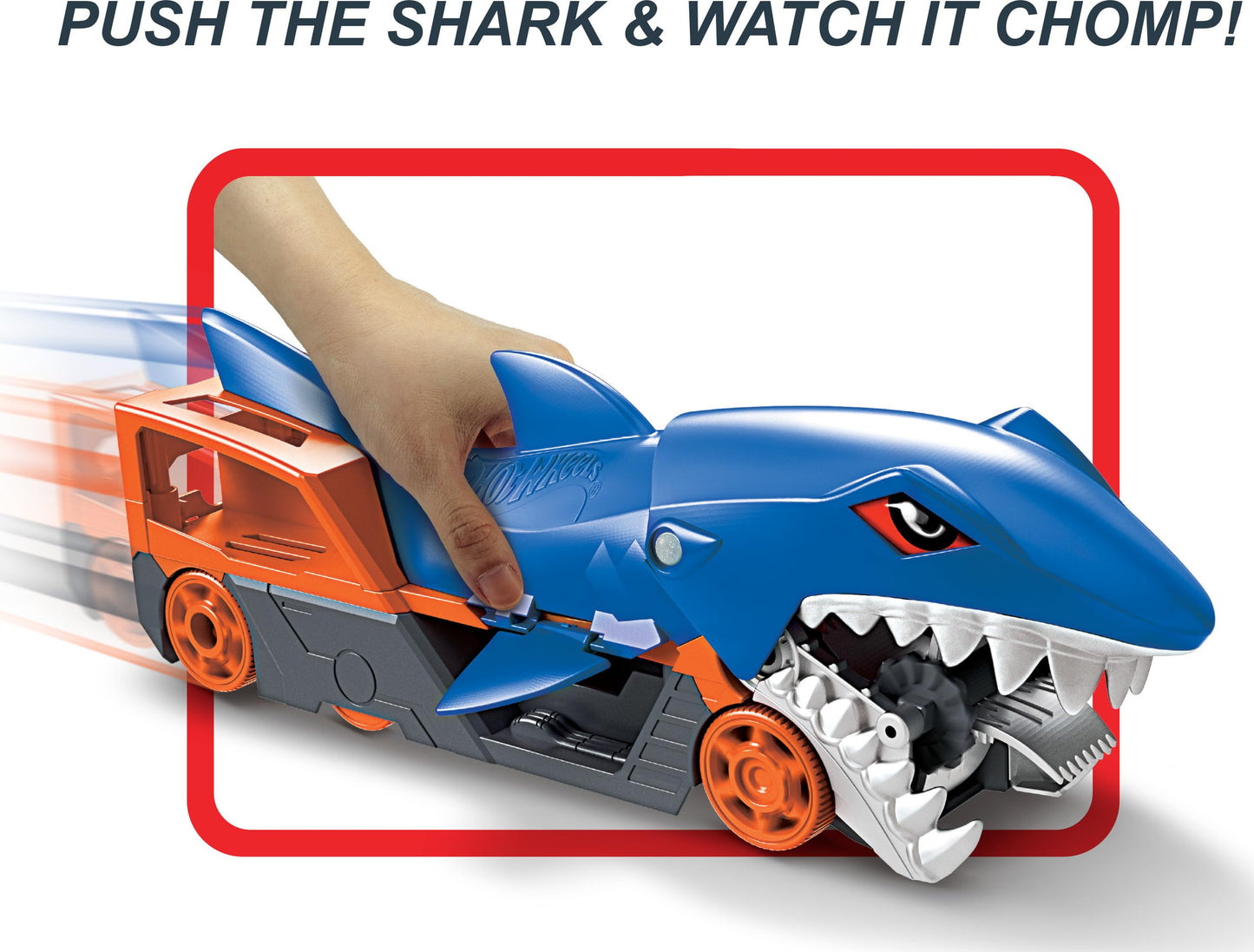 Hot Wheels Shark Chomp Transporter Playset with diecast car, featuring colorful design and shark-themed transport truck.