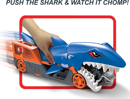 Hot Wheels Shark Chomp Transporter Playset with diecast car, featuring colorful design and shark-themed transport truck.