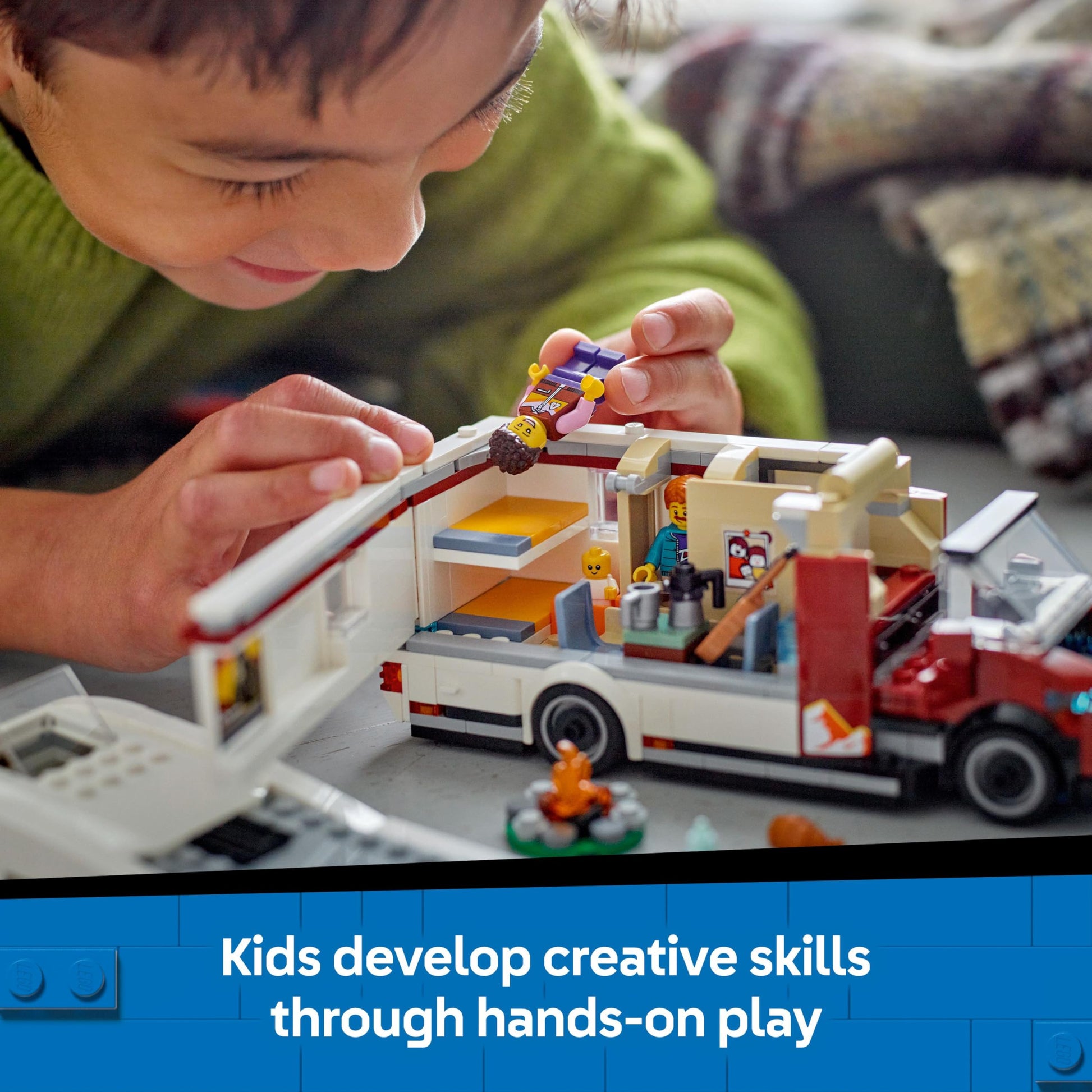 LEGO City Holiday Adventure Camper Van set with three minifigures and accessories for creative building fun.