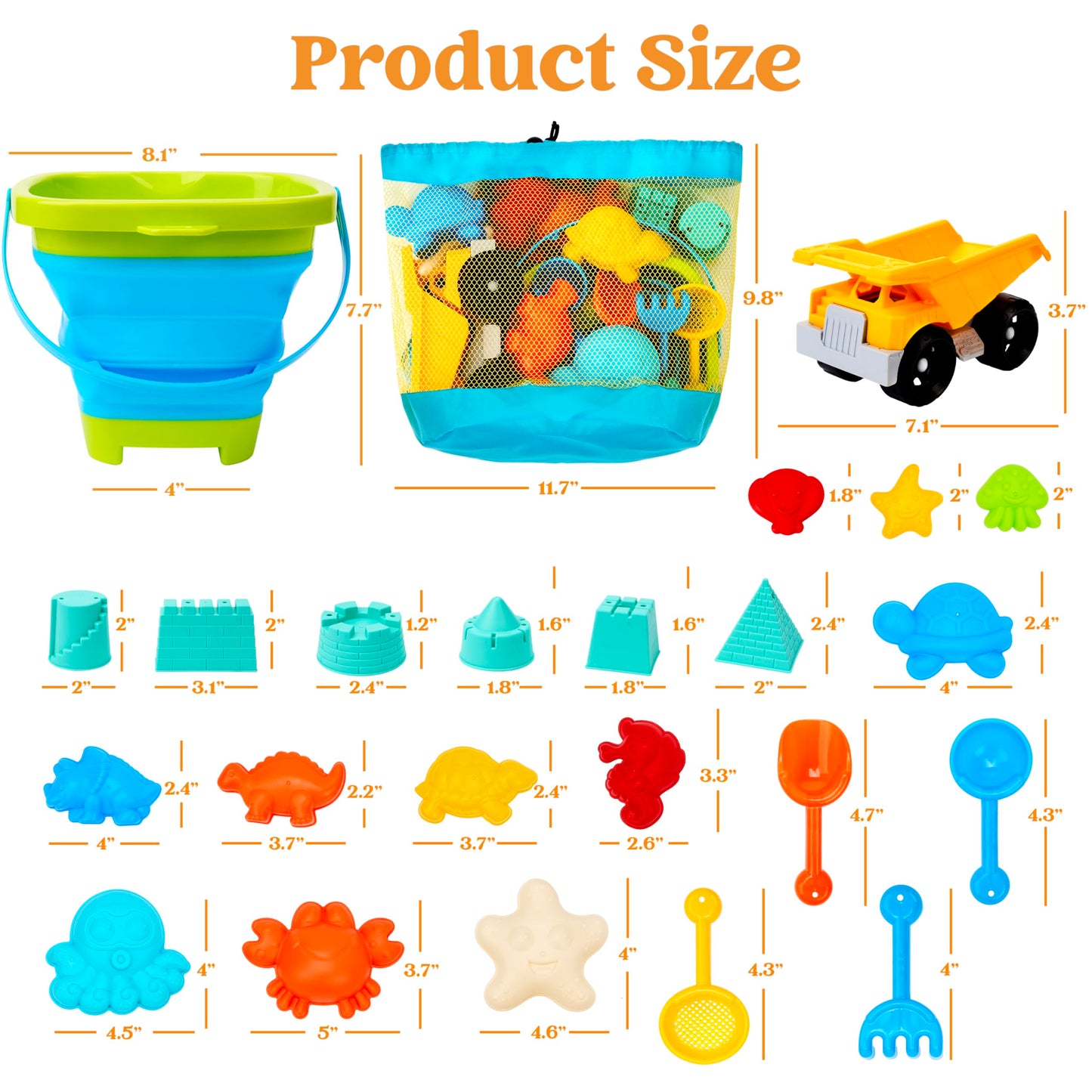 Sloosh Beach Sand Toys Set 24Pcs - Dump Truck Car Toy with Sand Molds for Toddlers Outdoor Play, Collapsible Foldable Buckets Mesh Bag Shovels Castle Animal Mold Sets, Kids Ages Sandbox Toys (Animals)