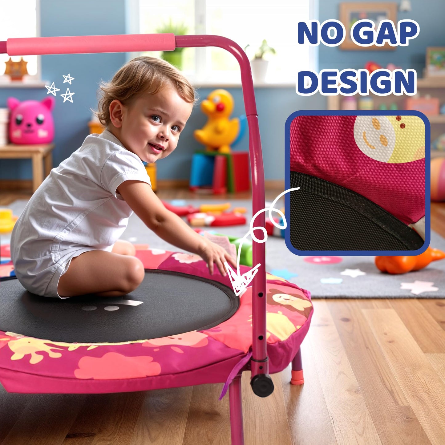 Happin 36" Mini Foldable Toddler Trampoline, Indoor Trampoline Kids with Height-Adjustable Handle, Noise-Free. Indoor & Outdoor with Super Safety Pad & Durable Steel Frame.